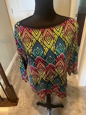 Westbound Bright Multicolor Diamond-Print Boatneck Long Sleeve Top